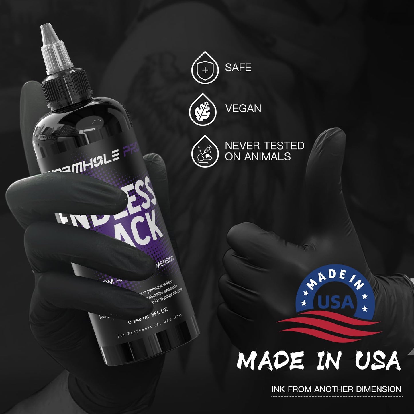 WORMHOLEPRO Black Tattoo Ink - Endless Black Ink, Long Lasting Vivid, Vegan Pigment for Old School, Tribal Tattoos (8 oz Bottle)