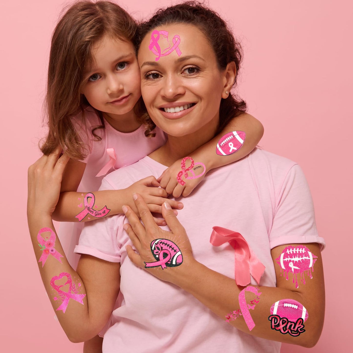 HOWAF 72pcs Breast Cancer Awareness Temporary Tattoos, Glitter Pink Out Football Tattoos, Football Pink Ribbon Themed Tattoos Stickers for Breast Cancer Month Charity Event Supplies Favors