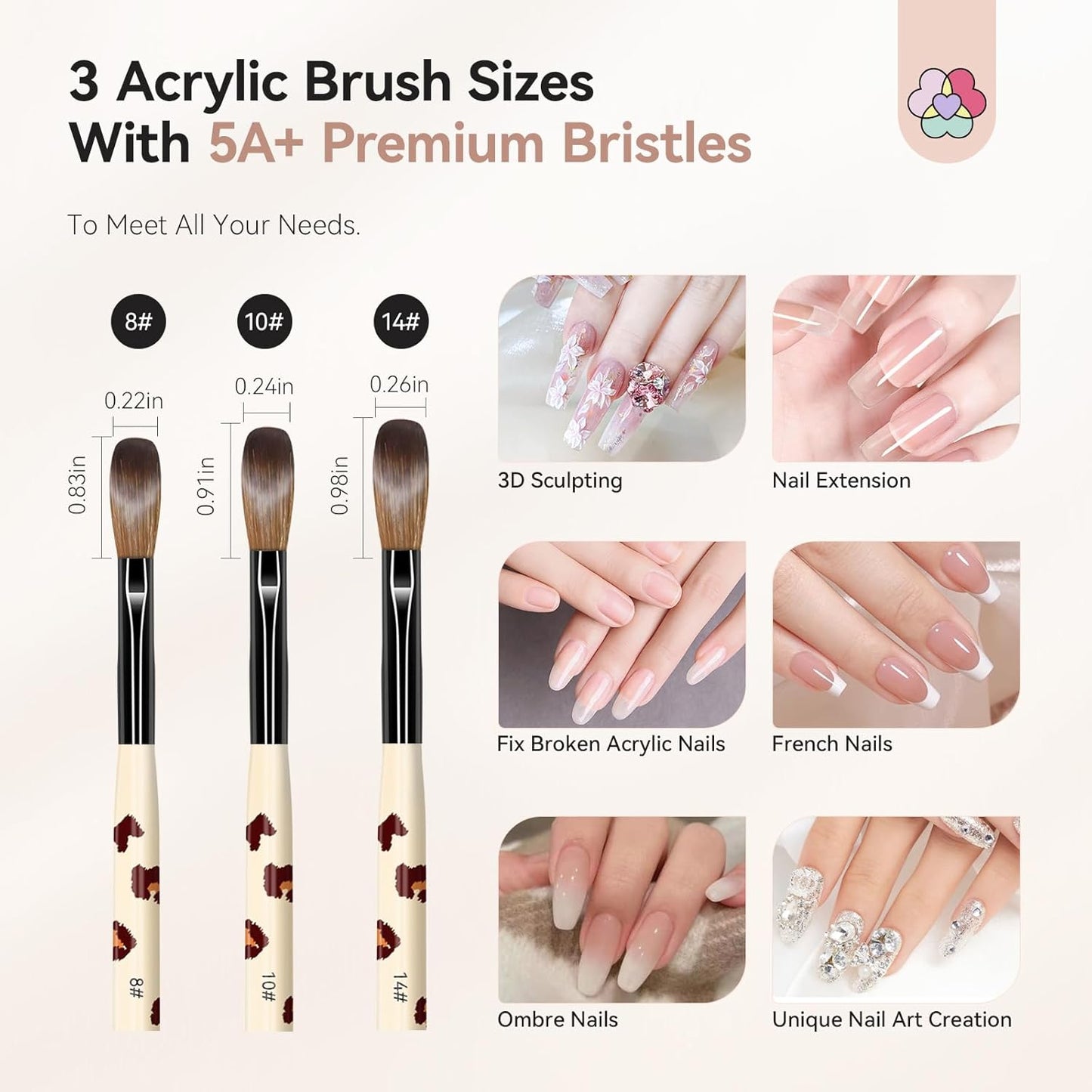 Saviland 3pcs Acrylic Nail Brush Set, Size 8/10/14 Kolinsky Acrylic Nail Brushes for Acrylics Application, Acrylics Powder Nails Art Extension with Black & White Handle for Beginner & Professional