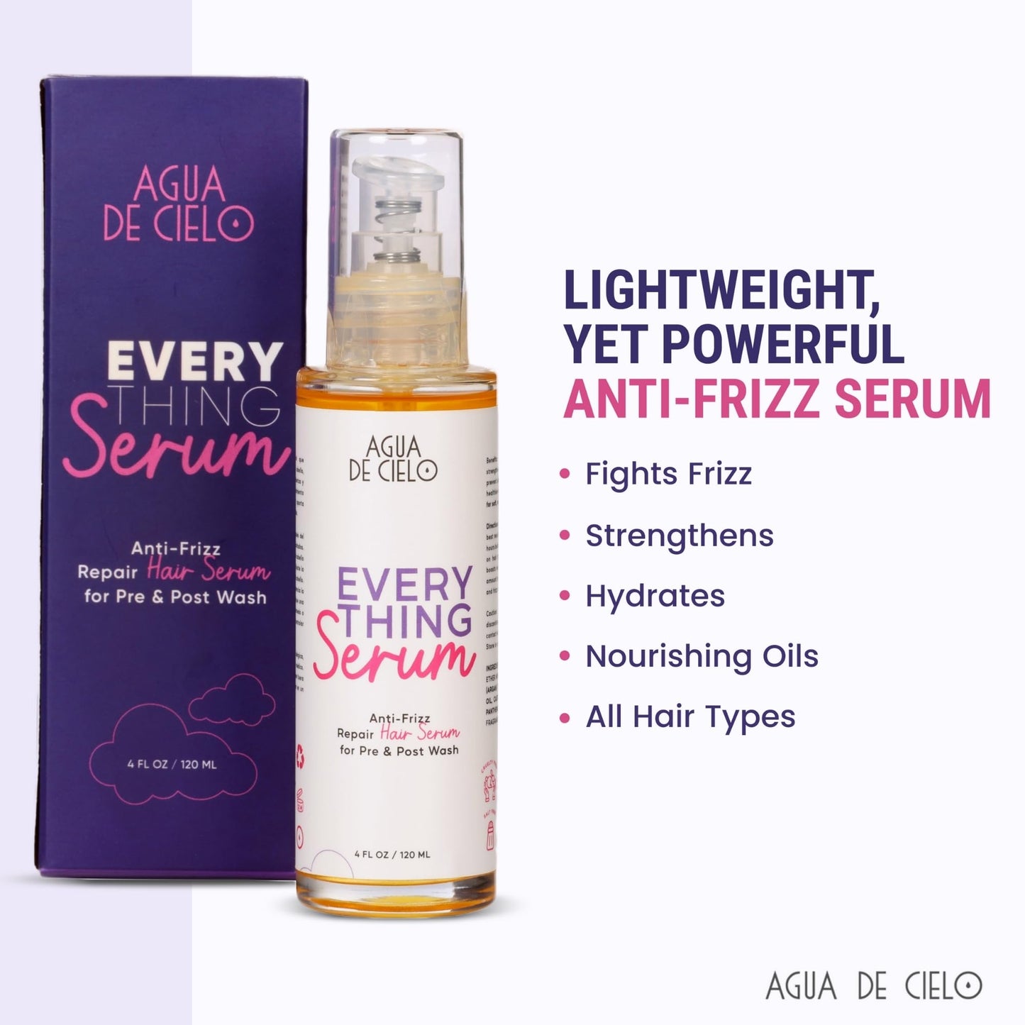 Agua de Cielo Everything Serum - Pre & Post Wash Anti-Frizz Hair Serum Infused With Castor, Macadamia & Argan Oil, Nourishes, Hydrates & Protects, Great for Hair Frizz Control - 4 Oz