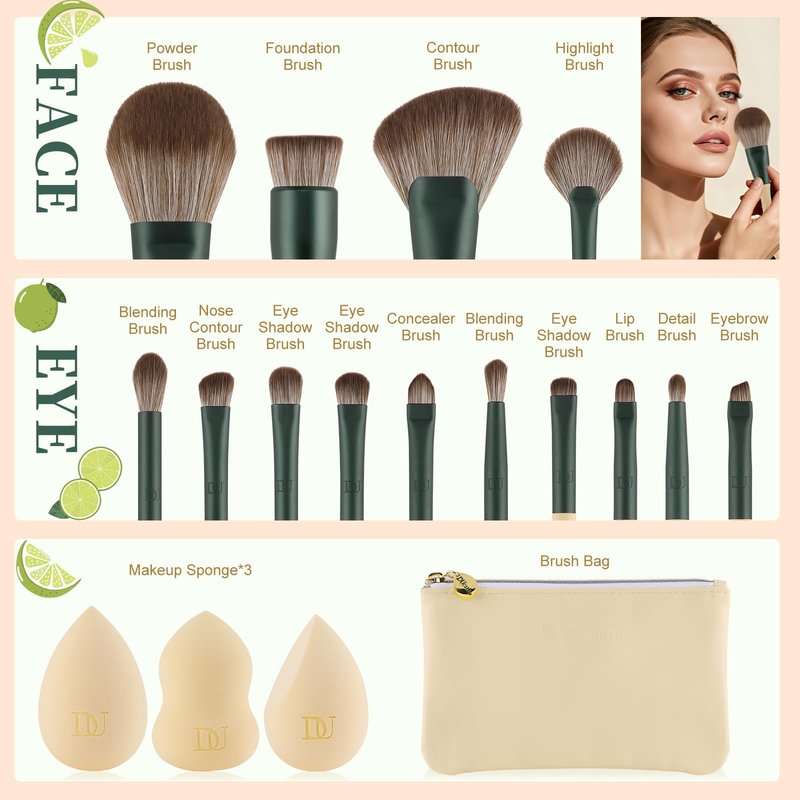 DUcare Makeup Gift Set 18PCS,with 14pcs Makeup Brushes Set 3Pcs Makeup Sponges 1PC Cosmetic Bag for Foundation Blending Powder Blush Concealers Eye Shadows