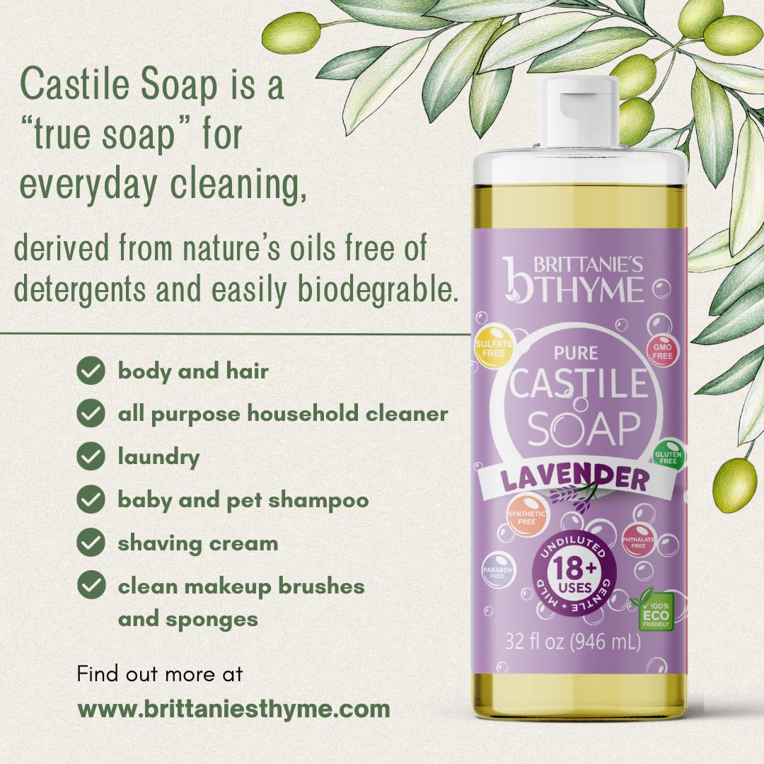 Brittanie’s Pure Castile Liquid Soap Refill, Lavender, 32 Ounce 2 Pack | Dish Soap, Hair & Body, Laundry, Home, Gentle and Pure, Made with Natural Luxurious Oils, Vegan & Gluten Free Non-GMO