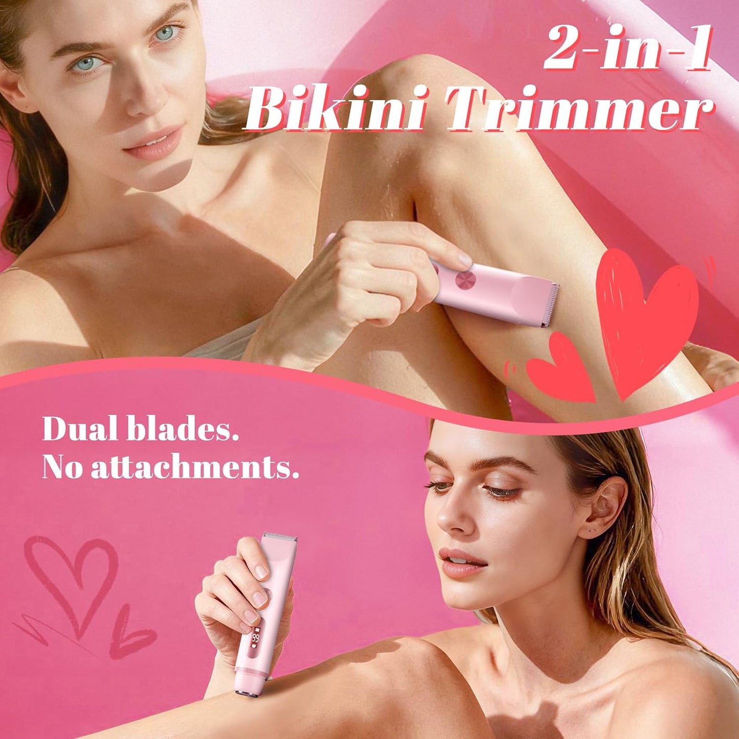 Bikini Trimmer for Women - Waterproof Electric Razor for Sensitive Areas | USB-C Rechargeable, Petal Pink with LED