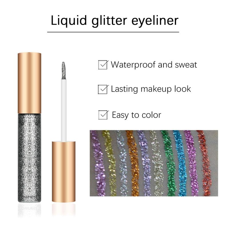 Ownest 10 Colors Liquid Glitter Eyeliner Set, Metallic Shimmer Liquid Eyeshadow Set, Long Lasting Waterproof Shimmer Sparkling Liquid Eyeliner & Shadow Duo, Glitter Eyes Makeup Kit