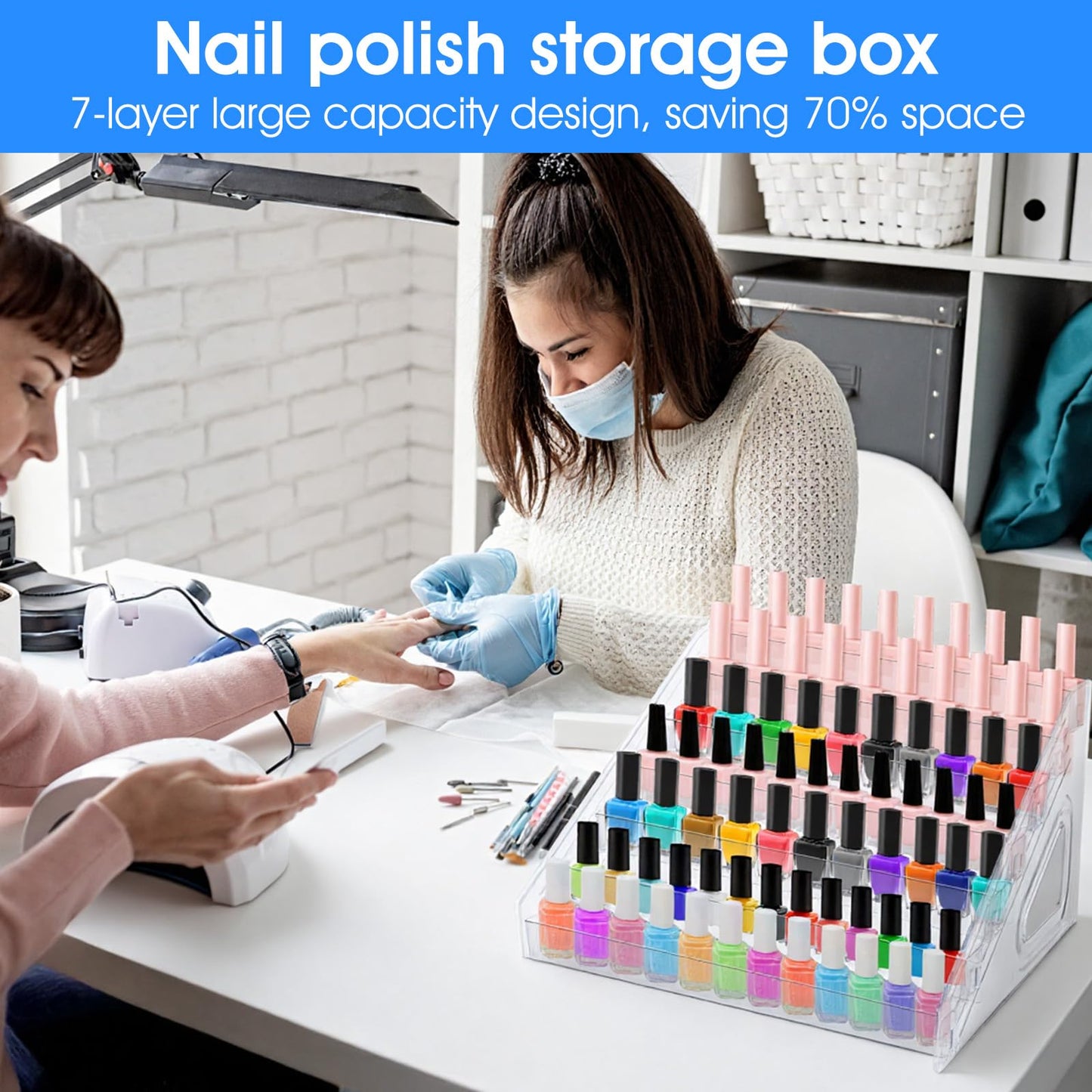 2 Pack Acrylic Nail Polish Organizer 84 Bottles of 7 Layers Acrylic Display Rack Clear Nail Polish Paint Organizer Holder Rack Eyeglasses Shelf Essential Oils Holder Stand No Tool Needed Assembly