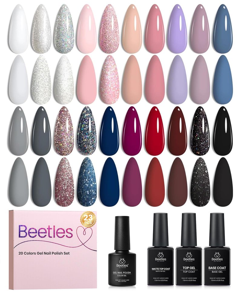 Beetles Gel Nail Polish Set - 44 PCS Brown Nude Burgundy Gel Polish Nails Fairytale Town Collection with 4Pcs Base Glitter Matte Glossy Top Coat Soak off Uv Gel DIY Manicure