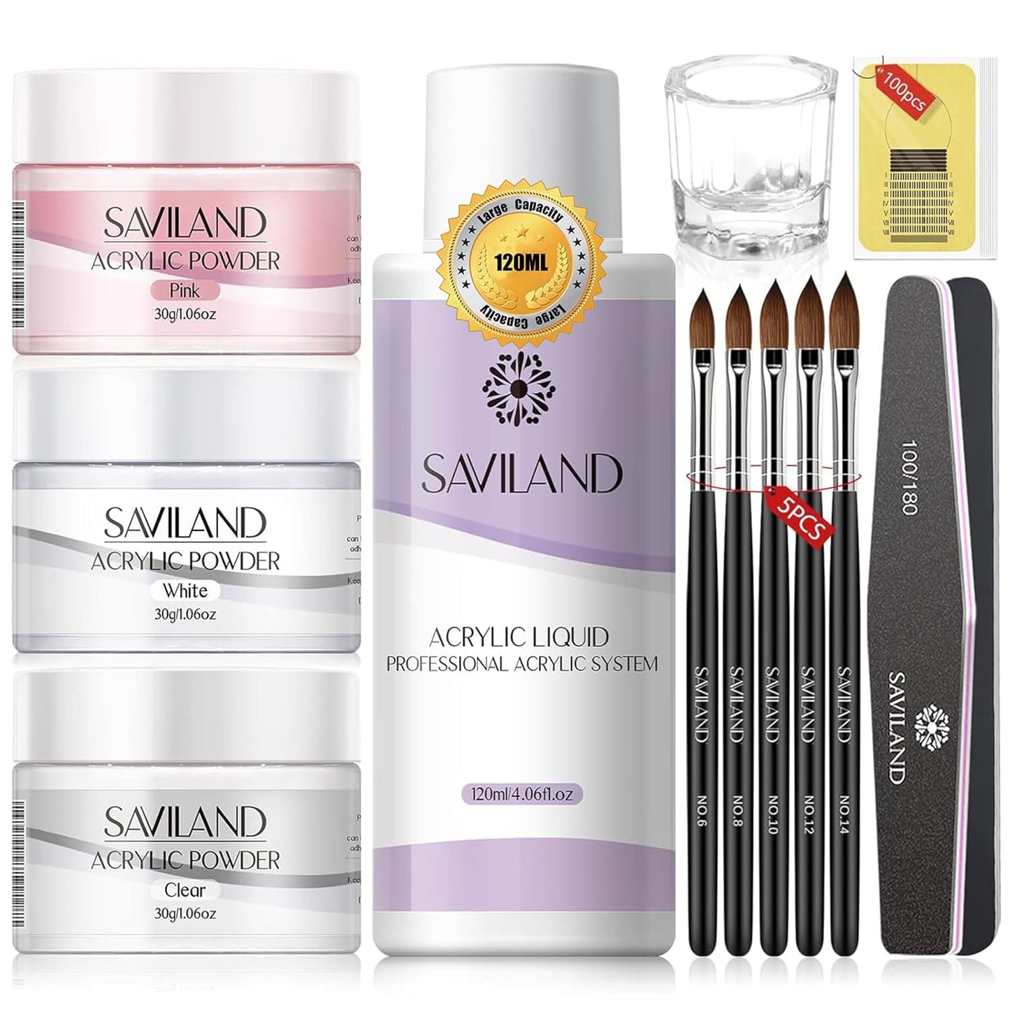 Acrylic Nail Kit - 120ml Liquid & 30g Clear Pink White Powder Set | 5 Size Brushes for Professional Nail Art