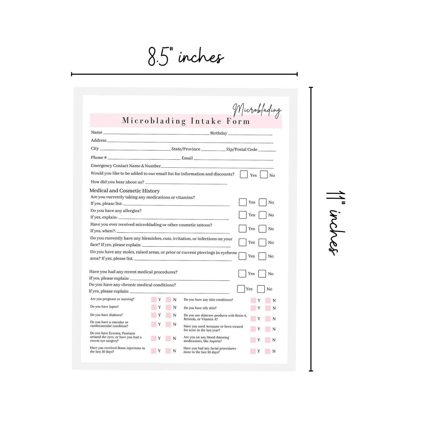 Microblading Intake, Consent, and Aftercare Form | Printed Physical 8.5 x 11" A1 Forms | Clients Signature | White and Pink Design