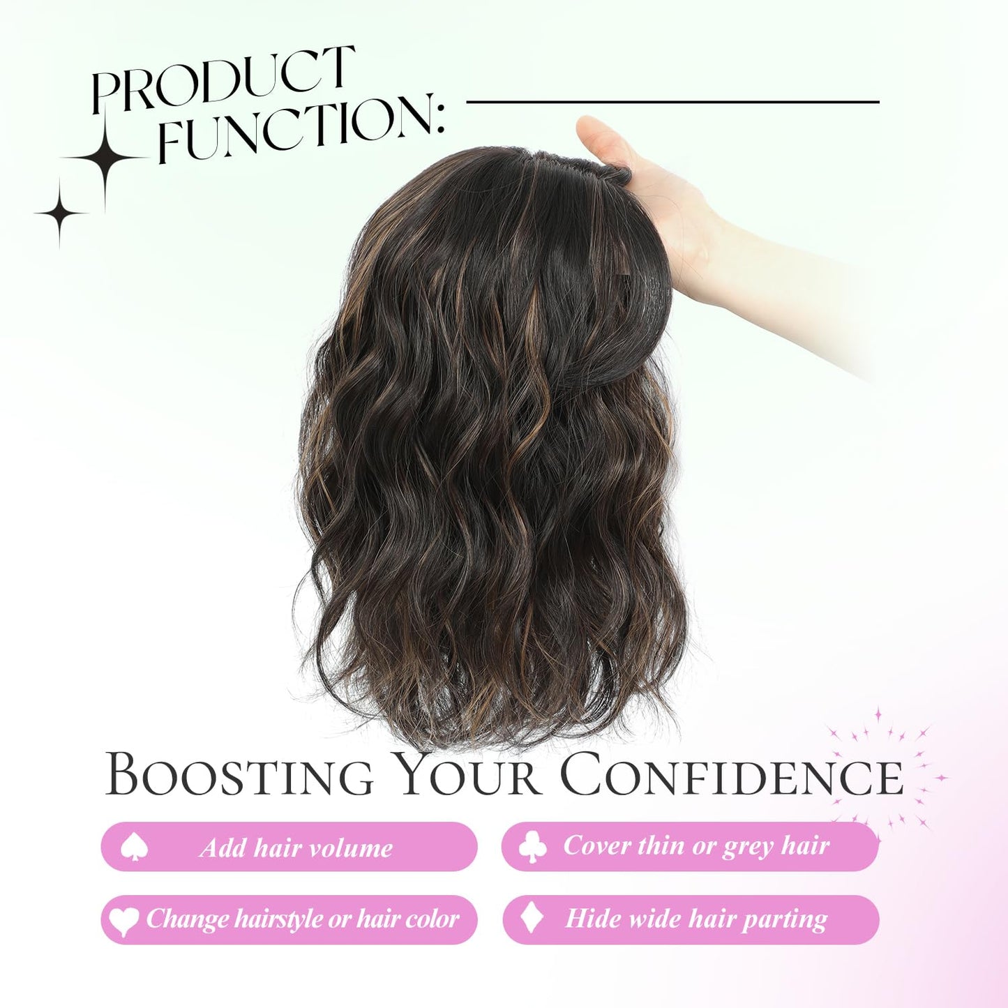 UDU Short Wavy Hair Topper 11 Inch for Women, Wavy Hair Piece with Side Bangs, Lightweight Breathable Hair Topper for Thinning Hair, Natural Looking Volumizing Top Piece