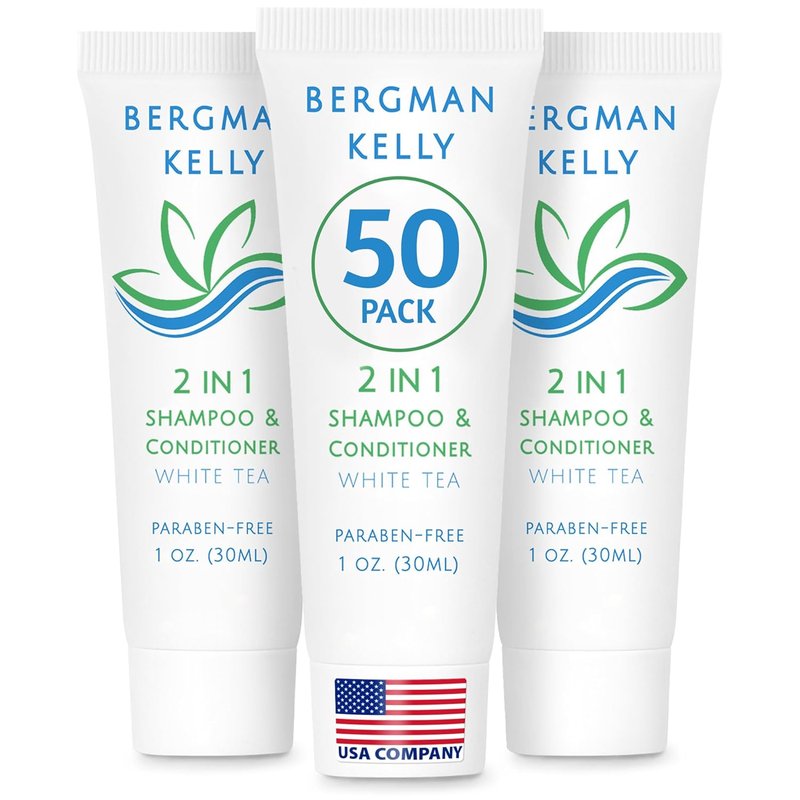 Bergman Kelly Travel Size 2-in-1 Shampoo & Conditioner | 1 fl oz White Tea - Refreshing Hotel Amenities in Bulk