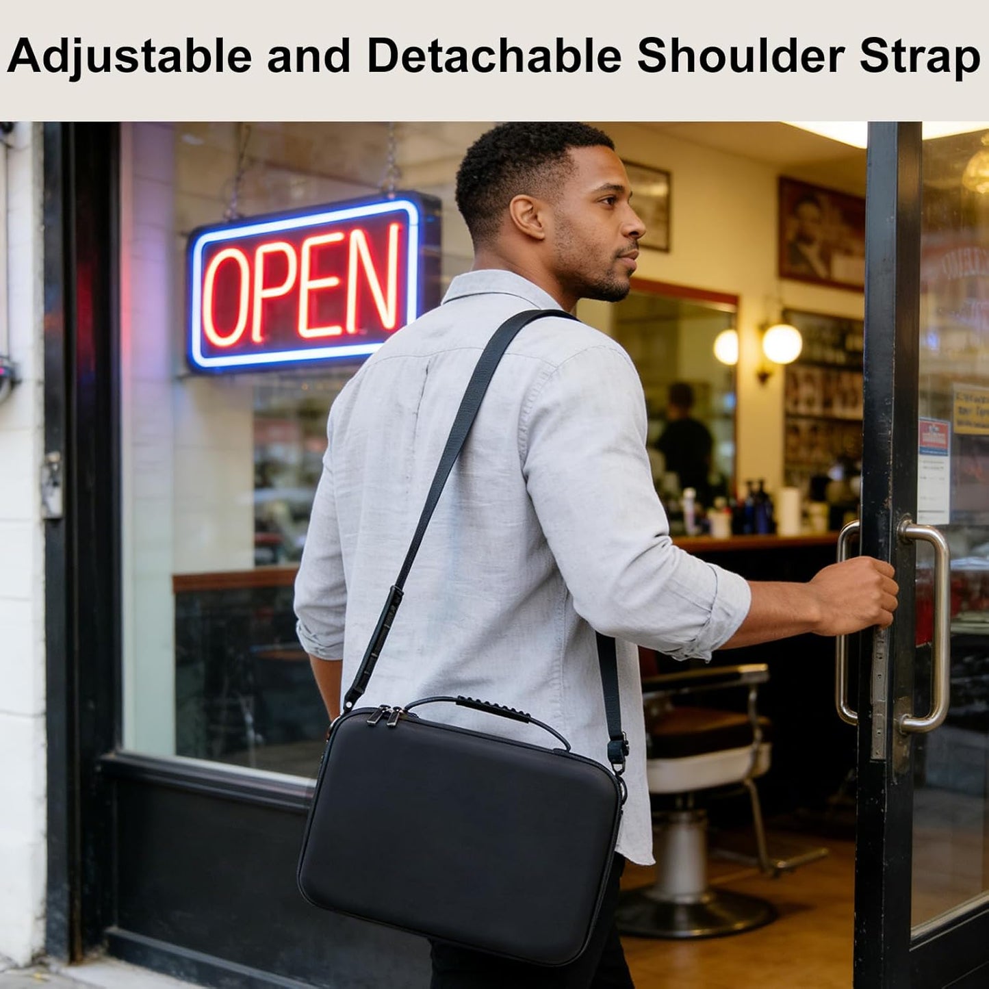 Hard Travel Barber Case - Large Clipper Storage Organizer with Adjustable Shoulder Strap | Black