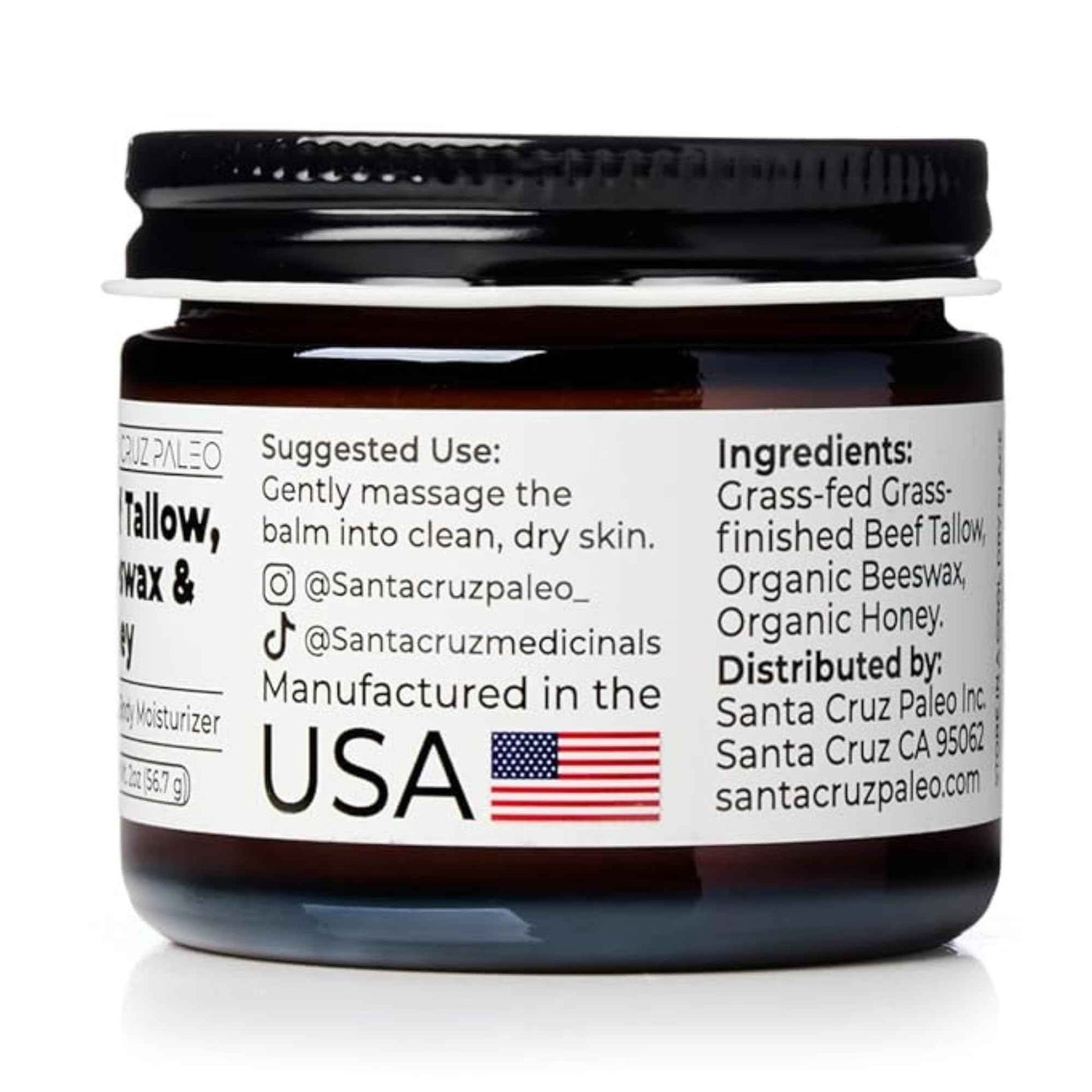 Santa Cruz Paleo Beef Tallow for Skin, Grass Finished & Grass Fed Beef Tallow and Honey Balm Body & Face Moisturizer, Organic Beeswax and Organic Honey, Light Scent, Moisturizing Natural Formula, 2 Oz