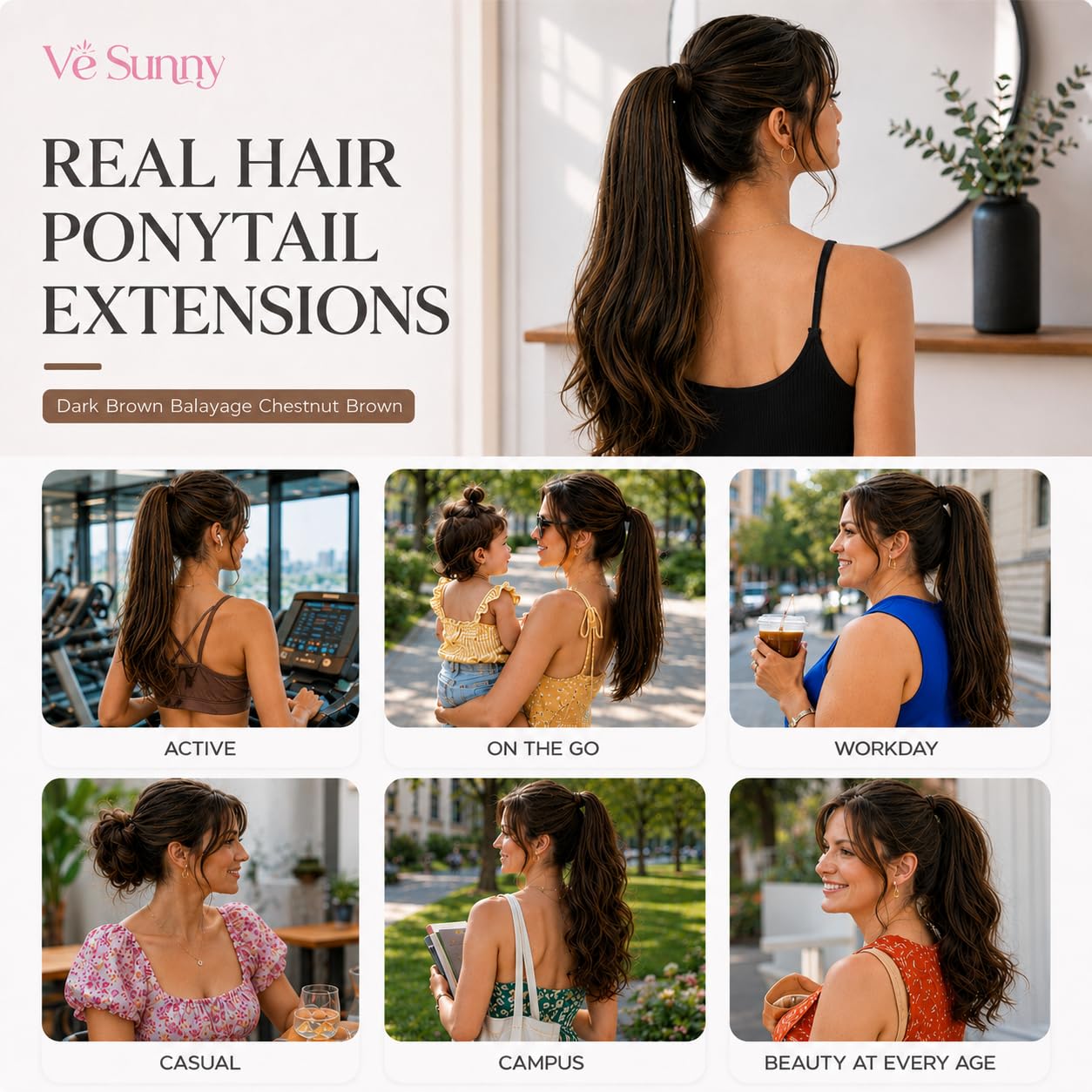 Ve Sunny Hair Extensions Ponytail Real Human Hair 80g Wrap Around Straight Ponytail Extensions Dark Brown Balayage Chestnut Brown clip in Style Short Length 14 Inch