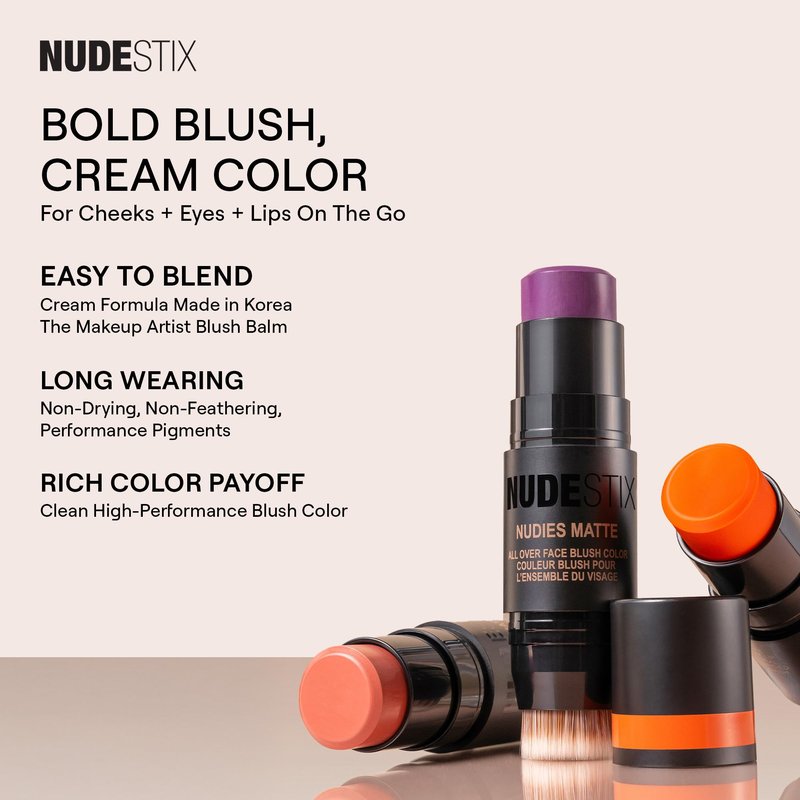 Nudestix Nudies Blush Stick – 3-in-1 Cream Blush for Cheeks, Eyes & Lips with Built-In Brush | Soft Matte Finish for a Natural Flush |Sunkissed Pink