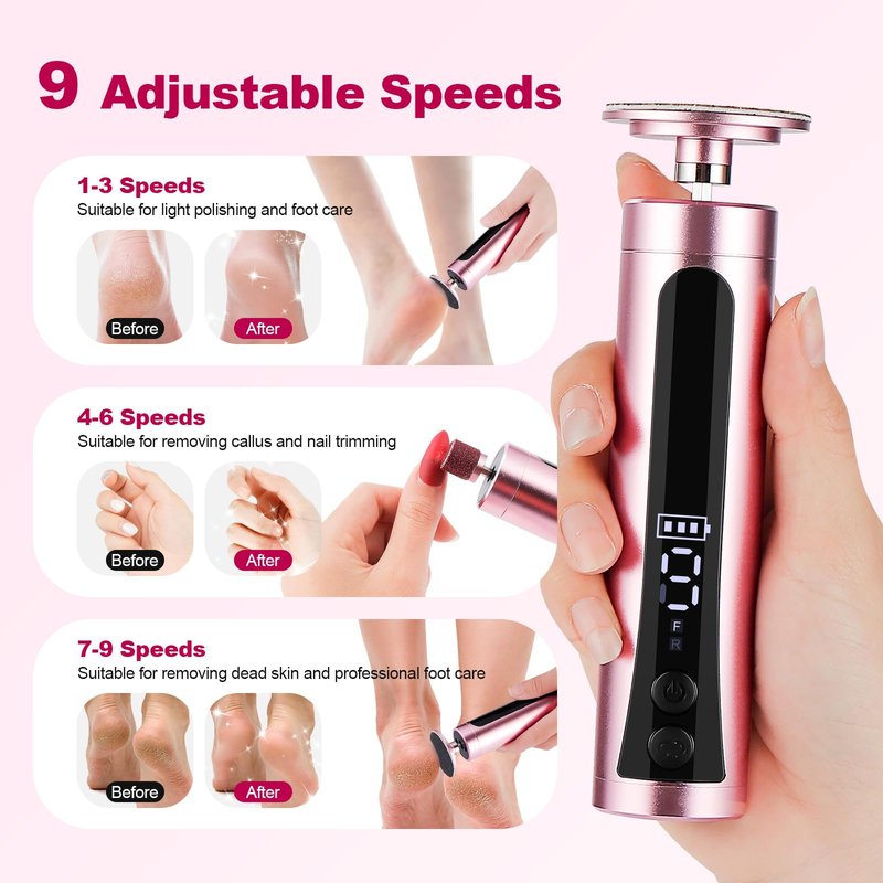 Rechargeable Callus Remover for Feet: Electric 2-in-1 Pedicure Tools - Foot File Grinder LCD Display 9 Adjustable Speeds 2 Sanding Heads 30 Sanding Paper