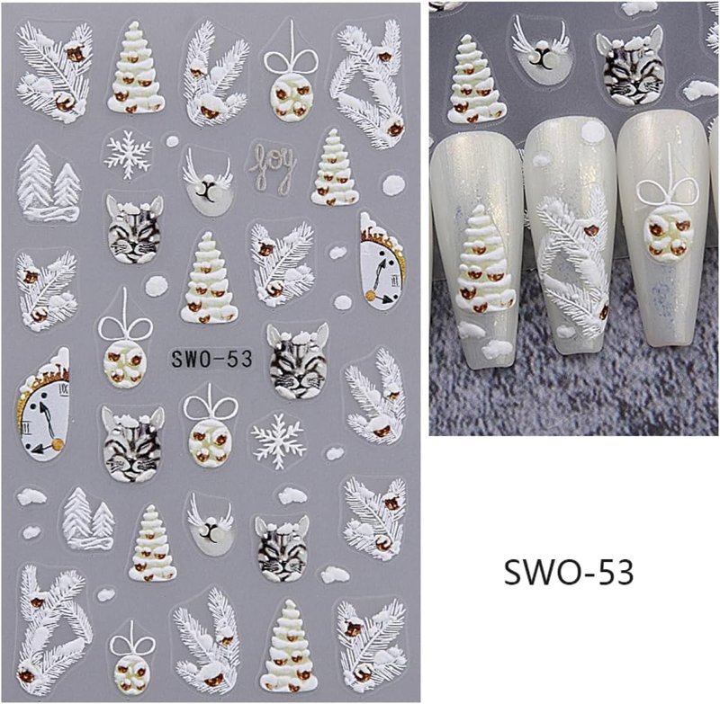 5D Embossed Christmas Nail Art Stickers - Gingerbread, Elk & Santa Designs | 8 Sheets for Holiday DIY Manicure