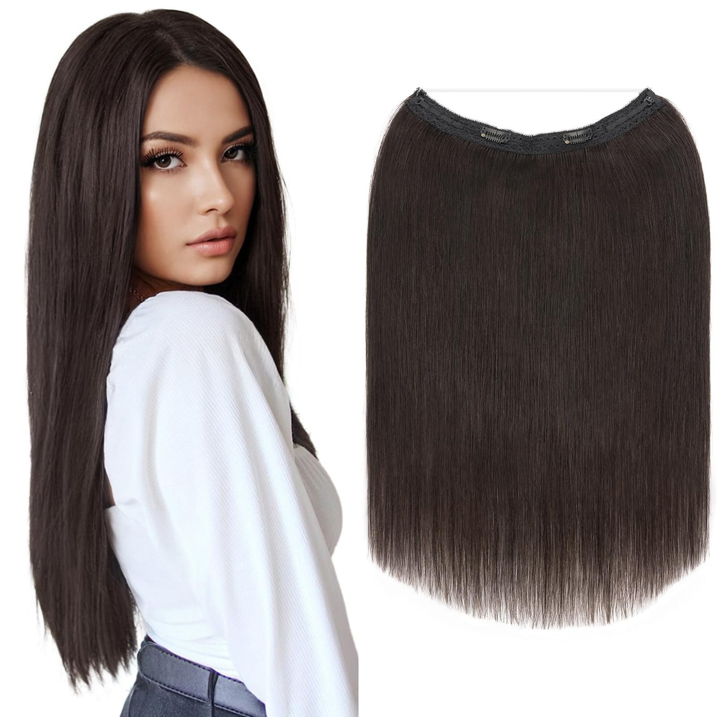 Elailite Halo Hair Extensions Real Human Hair for Women Natural Black Clip in Remy Hairpiece with Adjustable Invisible Wire 12 Inch 55G