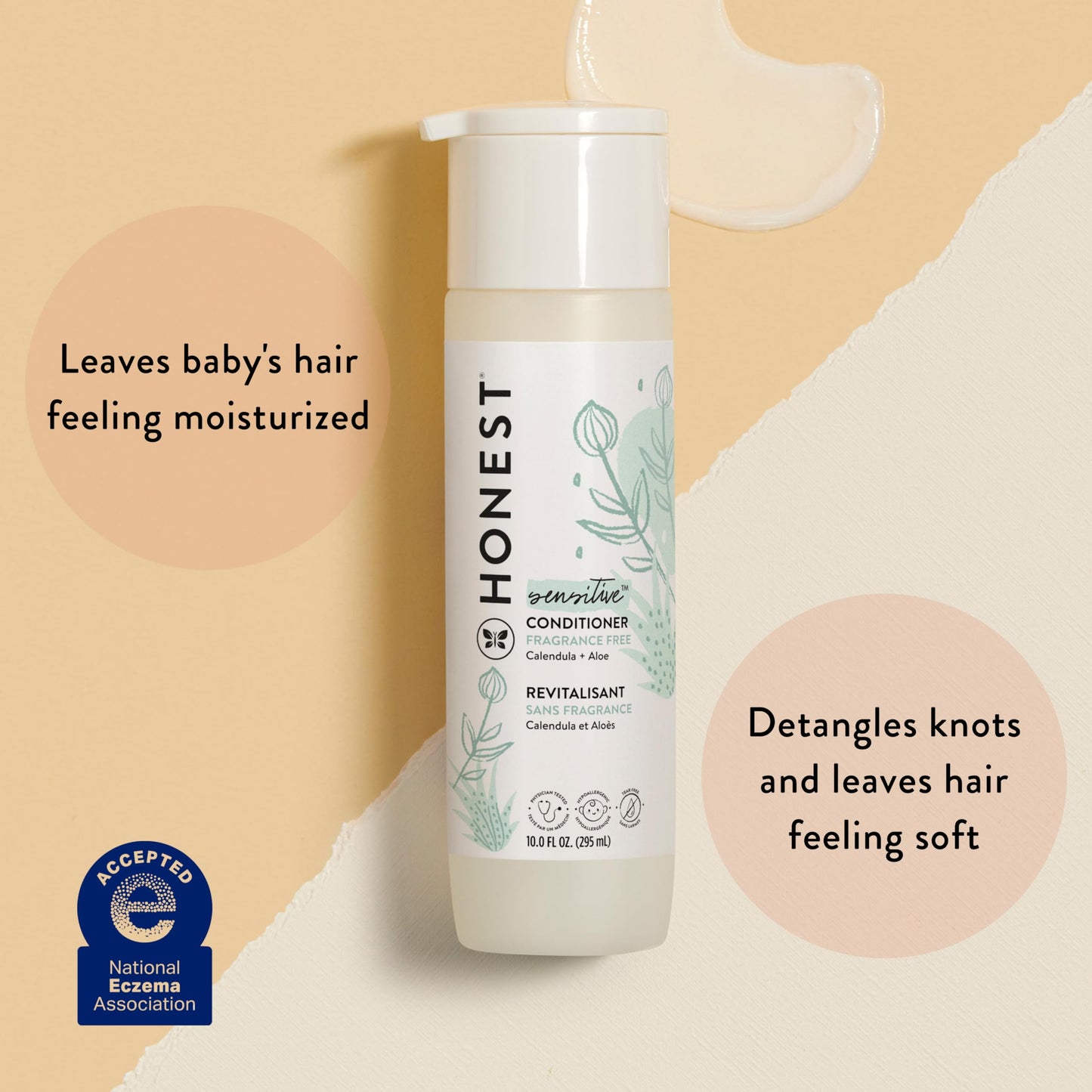 The Honest Company Silicone-Free Conditioner, Gentle, Hypoallergenic, Naturally Derived Ingredients, Fragrance-Free for Sensitive Skin, 10 fl oz