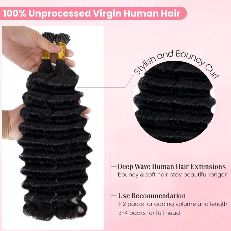 I Tip Hair Extensions Deep Wave Microlink Beads Itip Human Hair Extensions for Black Women 20 Inch Natural Color Curly Brazilian Real Remy Pre Bonded Keratin Stick Tipped Bundles 50g 100 Strands