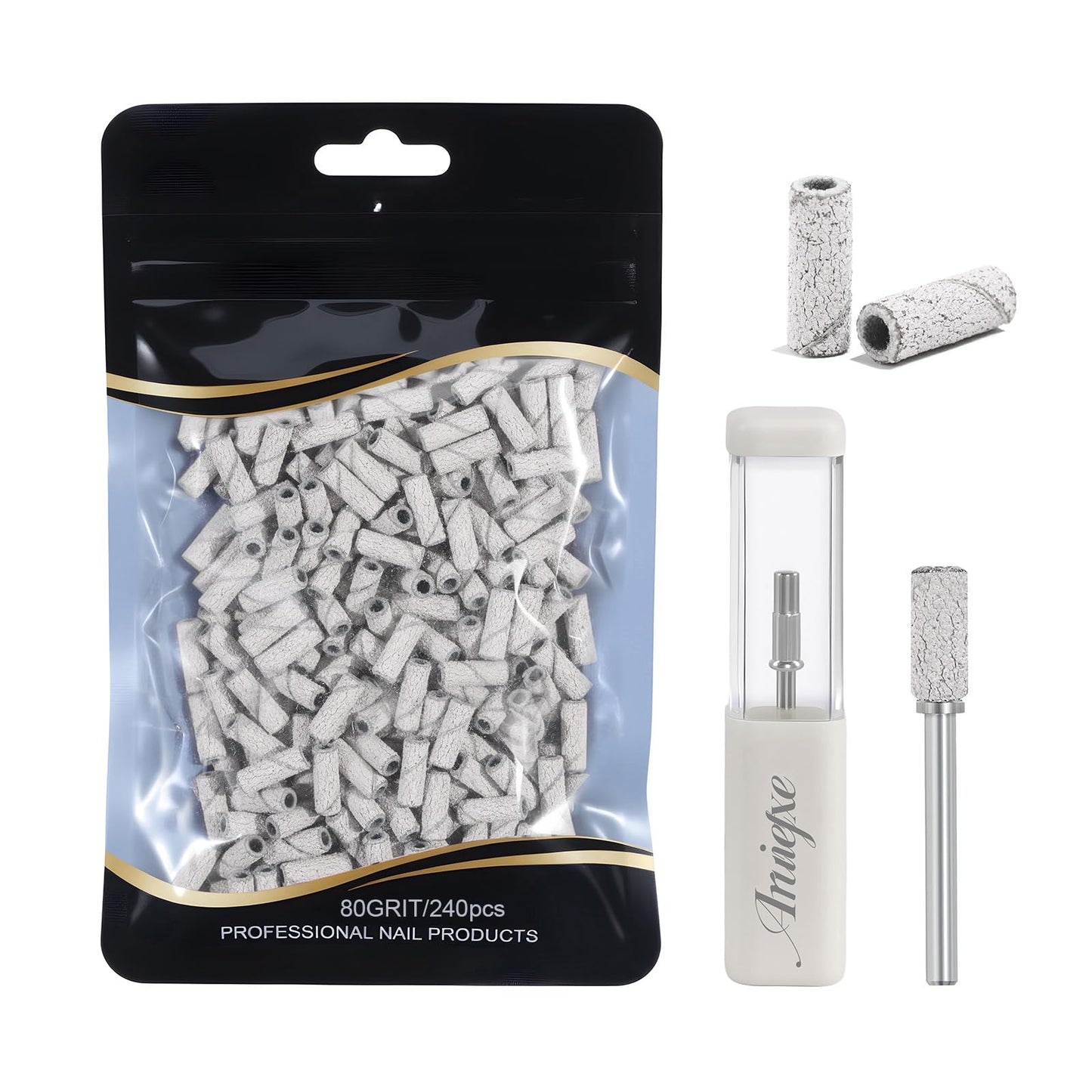 Aruiefxe 240Pcs Nail Drill Bits, 80 Grits Sanding Bands For Nail Drill with 3.1mm Mandrel Bits, Mini Sanding Bands for Acrylic Nails Gel Manicures and Pedicures (White)