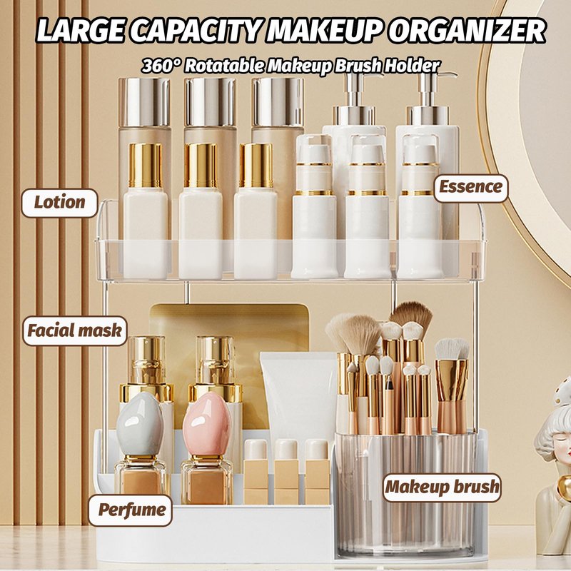 DASITON Large Capacity Makeup Organizer with 360° Rotating Makeup Brush Holder, Perfume and Skincare Storage Organizers for Vanity Bathroom Countertop, Cosmetic Display Case (White, 2 Tier)