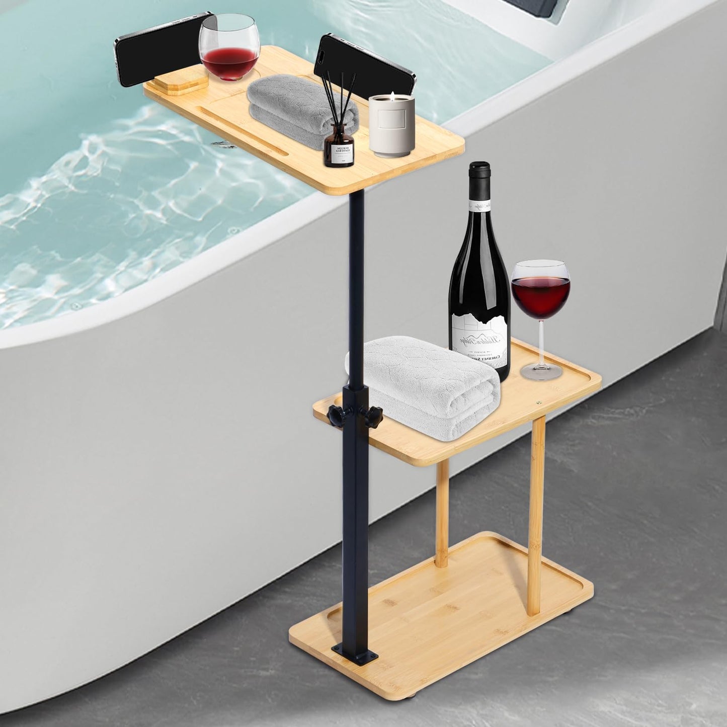 3 Layer Bath Tub Tray Table, Liftable Freestanding Bamboo Bath Tray Caddy for Tub Against Wall, Bath Table Tray Tub Shelf Bathroom Organizer Shelf for Luxury Spa and House Warming New Home