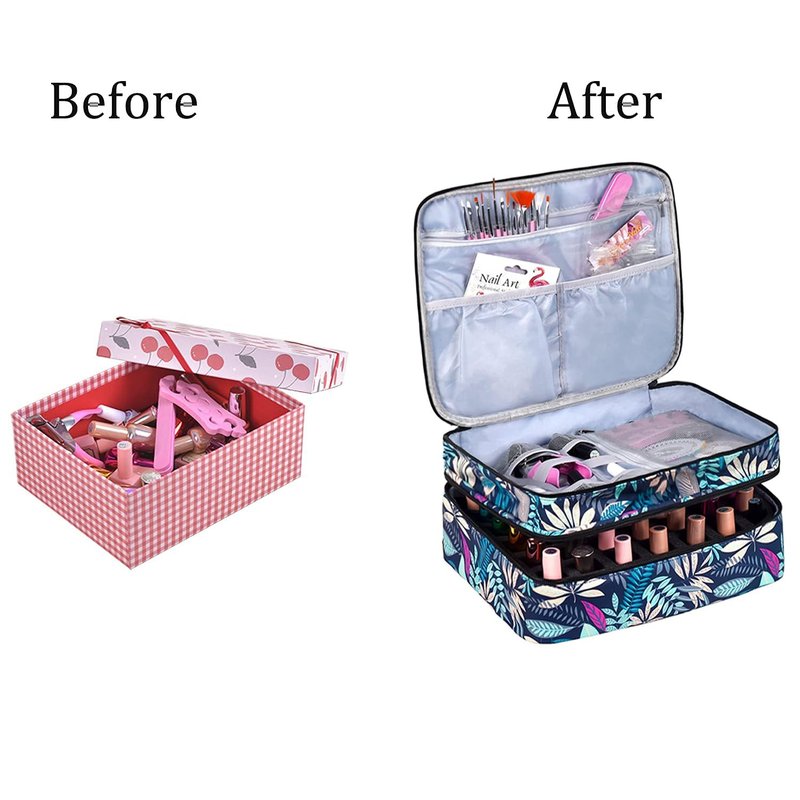 LYFFXYH Double-Layer Nail Polish Organizer-Holds 42 Bottles, Nail Polish Storage with Handle, Nail Bag Organizer Case for Professional Manicure Kit & Travel (Leaf, 42 Bottles-Small)
