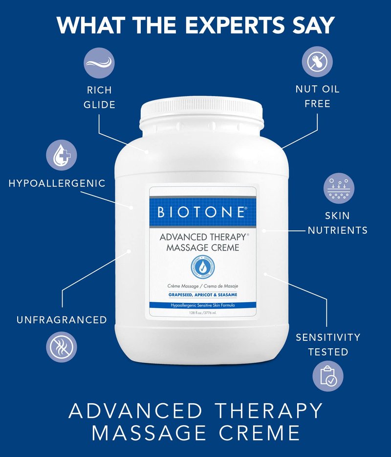 BIOTONE Advanced Therapy Massage Creme, Hypoallergenic and Fragrance-Free, Ideal Glide and Workability, Less Reapplications, Non-Greasy Finish
