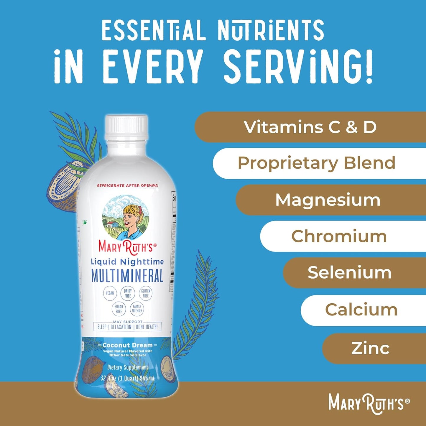 MaryRuth's Liquid Nighttime Multimineral - Coconut Flavor, 32oz | Vegan Hair Skin Support & Sugar-Free Liposomal