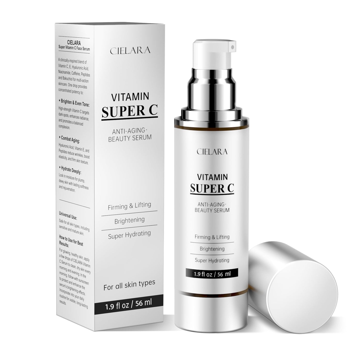 CIELARA Vitamin C Serum for Face, Anti Aging 20% Super C Serum With Vit C Hyaluronic Acid, Vitamin E, Peptides, Collagen Wrinkle Serume for Dark Spot, tighten, firming, lift, Brightening-1.9 Fl Oz