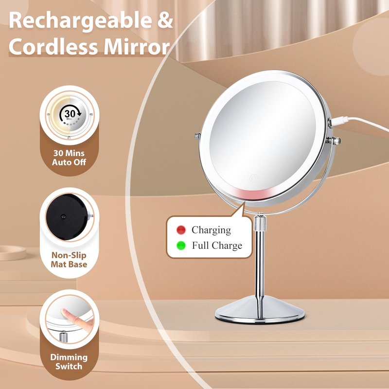 FFowcye 8" Lighted Makeup Mirror with Adjustable Height, 1X/10X Magnification, Rechargeable LED Vanity Mirror with 3 Color Modes, 360° Rotating Touch Screen, Magnifying Tabletop Cosmetic Mirror