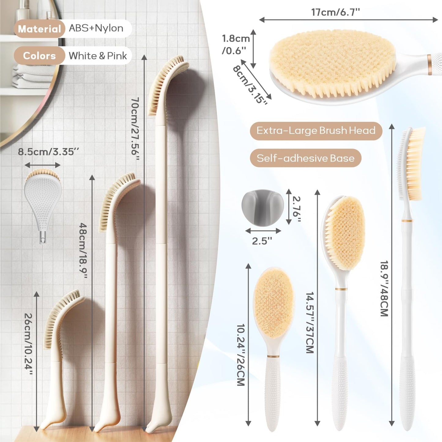 GEENOA New Foot Brush & Back Scrubber Set 2PCS, 10.2''- 27.5'' Adjustable Foot Scrubber for Shower, 18.9'' Shower Back Scrubber with 3-Length Usage, Great Aid for People with Limited Mobility(White)