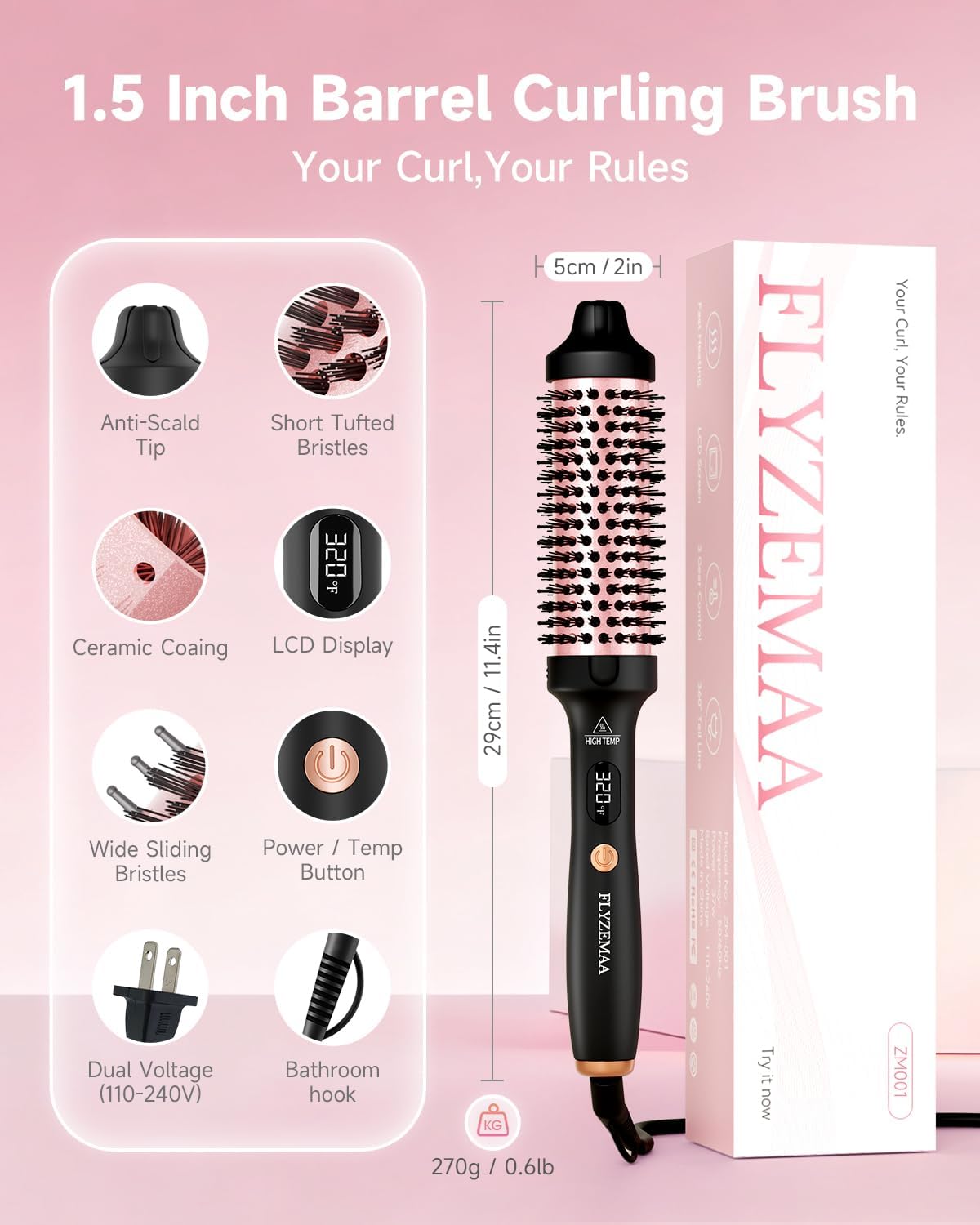Heated Round Thermal Brush - 1.5 Inch with 3 Temperature Settings | Fast Blowout, Reduces Frizz, Includes Velvet Pouch