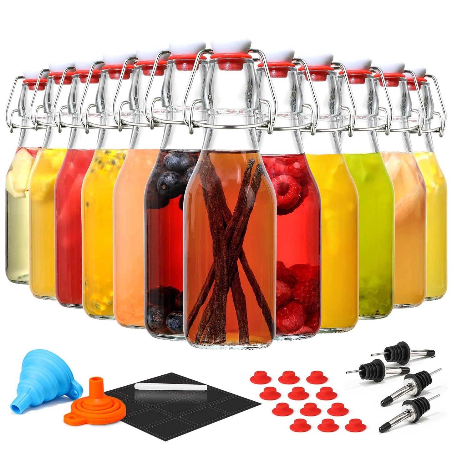 12 Pack 8.5oz Flip Top Glass Bottles, Swing Top Beer Brewing Bottle for 2nd Fermentation, Kombucha, Kefir, Vanilla Extract, Coquito, Juice, Tea - Airtight Stopper Cap Lid, Bonus 4 Bottle Pourers