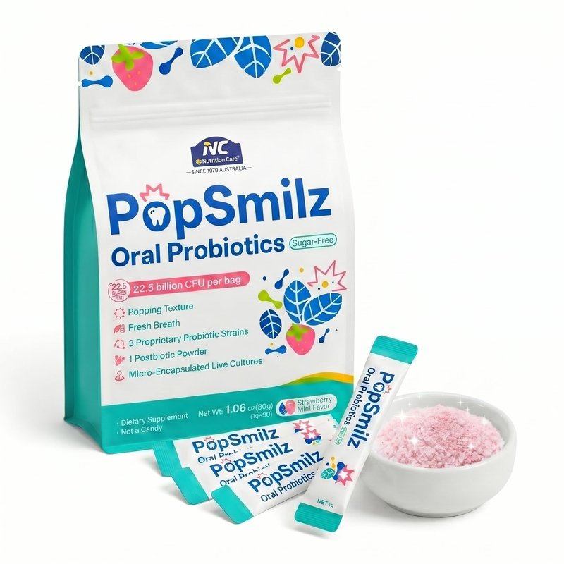fanFentac Oral Probiotics for Bad Breath & Gum Health - 22.5 Billion CFU Dental Probiotic Powder with 3 Proprietary Strains - Sugar-Free Strawberry Mint Popping Powder - 30 Stick Packs