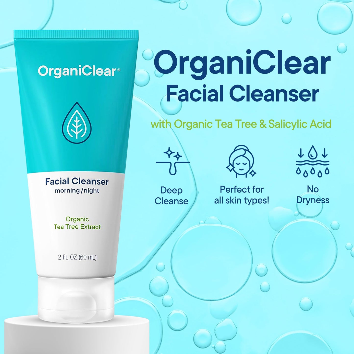 OrganiClear Facial Cleanser w/Organic Tea Tree & Salicylic Acid – Gentle Daily Foaming Gel Face Wash for Deep Cleansing & Makeup Removal – Unclogs Pores, Eliminates Dirt & Oil, (2 oz) 2 Pack