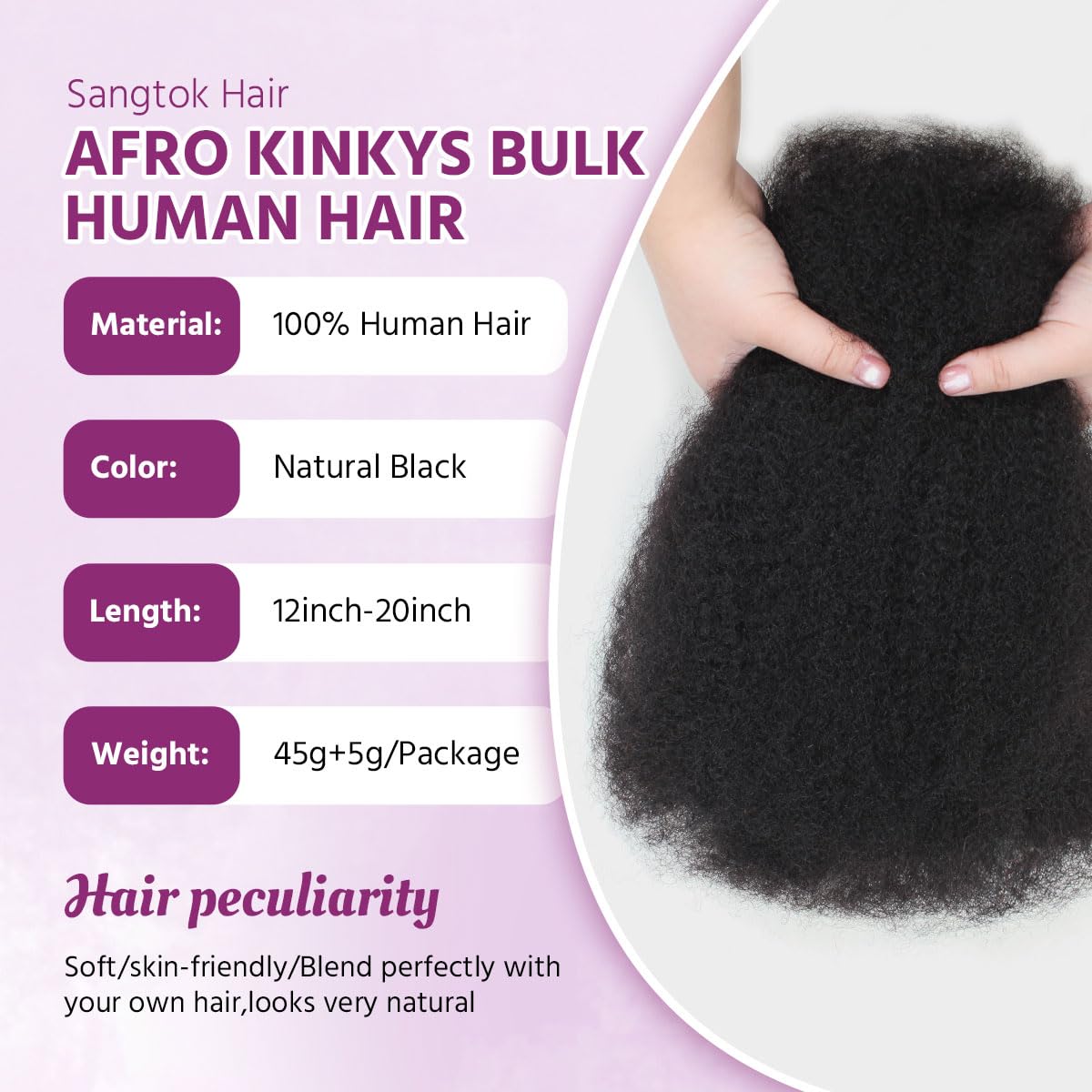 Sangtok Afro Kinky-Curly Bulk Human Hair for Twists, 20 Inch 50g Kinkys Bulk Human Hair for Dreadlock Extensions Repair Locs Braiding, 100% 4C Human Bundles Hair(Black)