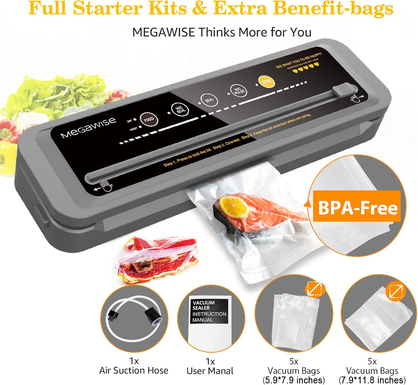 Vacuum Sealer Machine - 80kPa Suction Power | Includes 110 Vacuum Sealer Bags (8"x12") & Cutter
