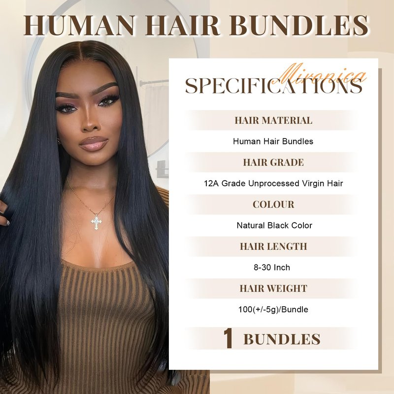 MIRONICA Straight Human Hair One Bundles 22 Inch 12A Brazilian 1 Bundles Human Hair 100% Unprocessed Virgin Hair Double Machin Weft for Black Women Natural Black Color Hair Extensions