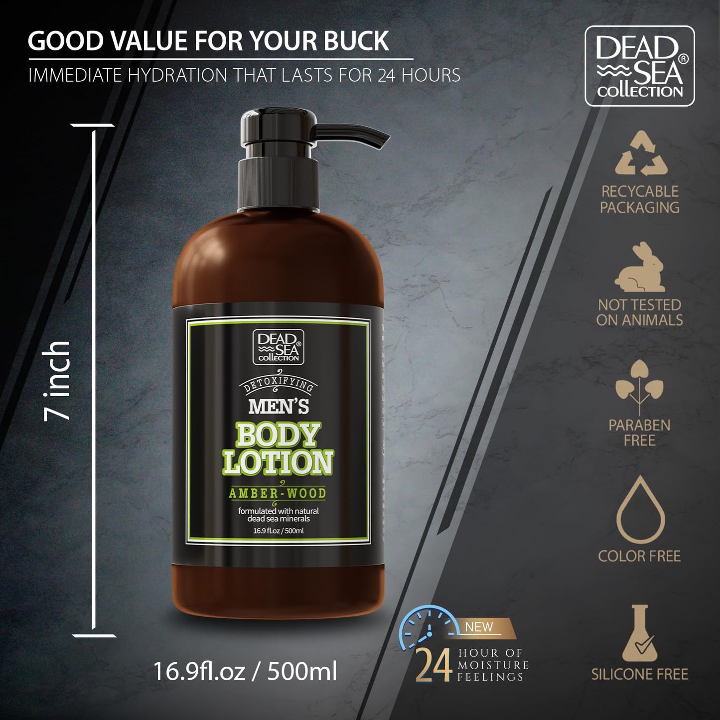 Dead Sea Collection Amberwood Men's Body Lotion - Amberwood Oil and Dead Sea Minerals - Maximum Hydration Nourishing Moisturizing Lotion for Men - 16.9 Fl Oz Bottle
