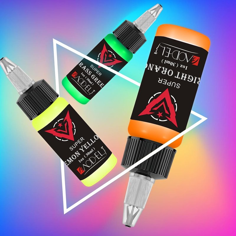 Fluorescent Tattoo Ink Set - 9 Colors for Glow-in-the-Dark Body Art | Skin-Safe 1oz Bottles