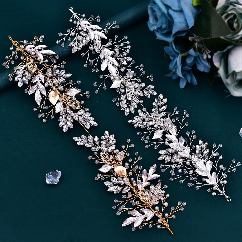 LOVFOIVER Rhinestone Wedding Headband Handmade Leaf Crystal Bridal Headpieces for Wedding Hair Accessories for Brides and Bridesmaid (Gold)