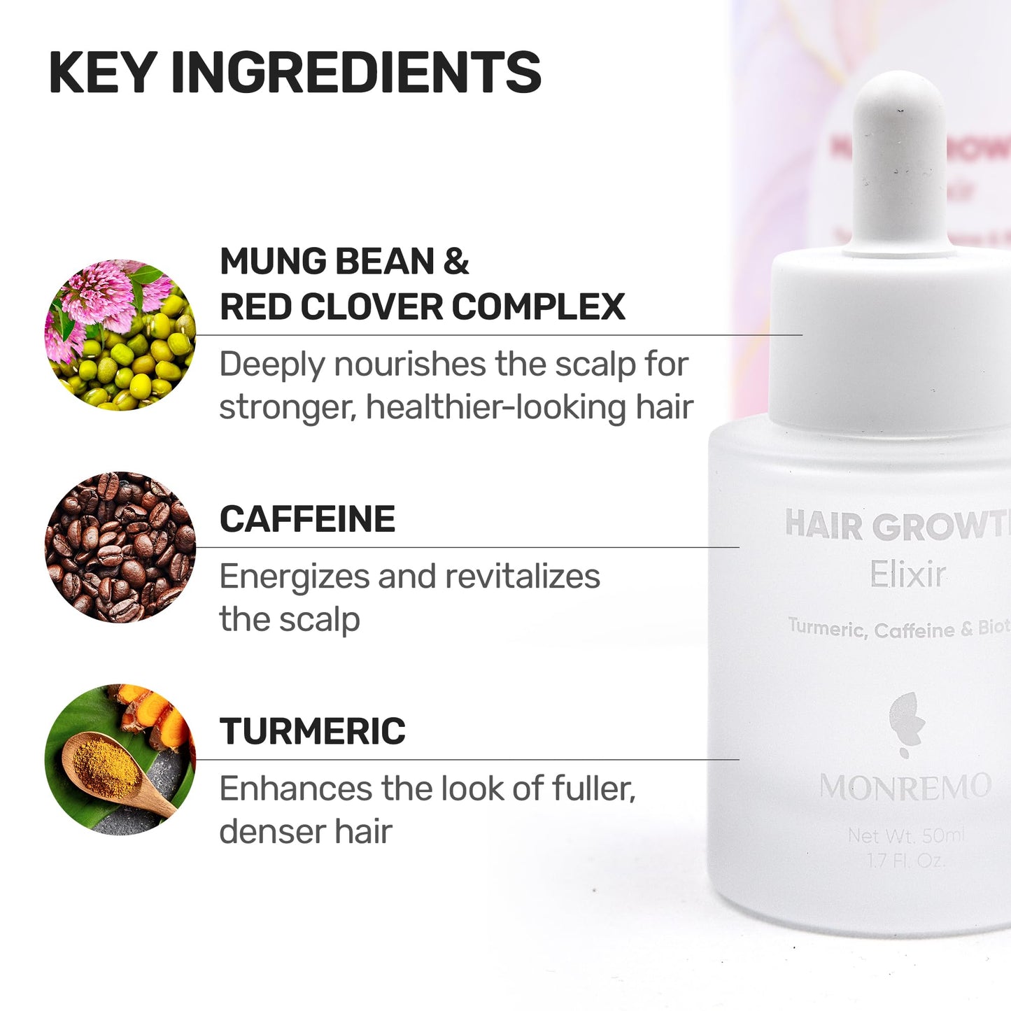 MONREMO Hair Growth Serum with Turmeric, Caffeine & Biotin – Fast-Absorbing Hair Thickening Serum & Scalp Treatment for Men & Women – Lightweight Vegan Formula for Thinning, Weak Hair Regrowth
