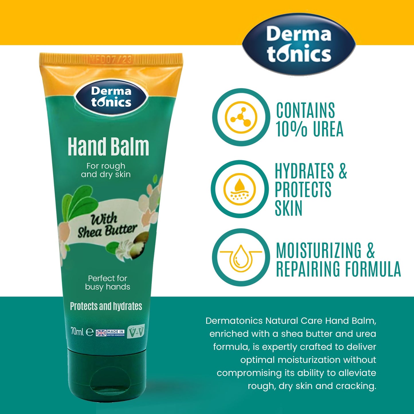 Dermatonics Natural Hand Care Balm | Shea Butter and Urea Formula for Rough, Dry Skin and Cracking | Expert Formulated and Paraben-free | Moisturizing Cream for Soft and Nourished Hands | 2.37 fl oz