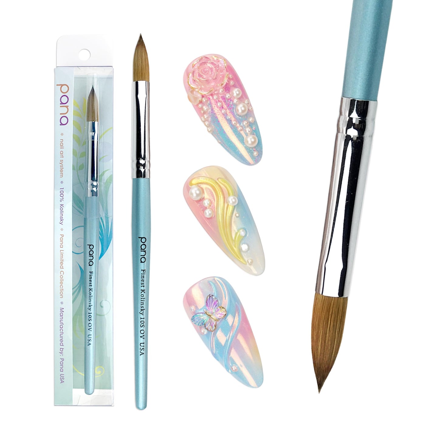 pana USA Acrylic Nail Brush100% Pure Kolinsky Hair New Teal Wood Handle with Silver Ferrule Oval Crimped Shaped Style (Size # 10)