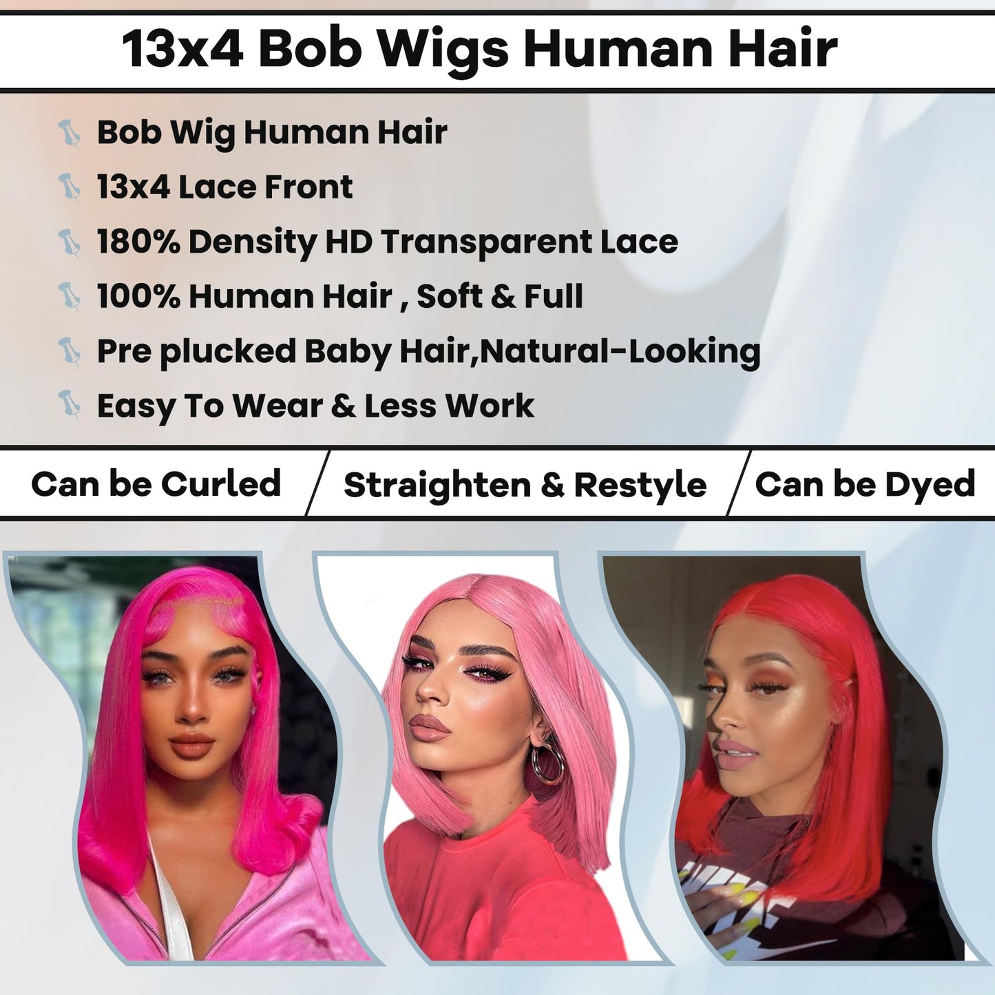 Pink Bob Lace Front Wigs Human Hair Pre Plucked 13x4 Straight Pink Bob Wigs 8Inch Glueless HD Lace Front Wig Human Hair 180% Density Pink Bob Wig for Black Women （10in）