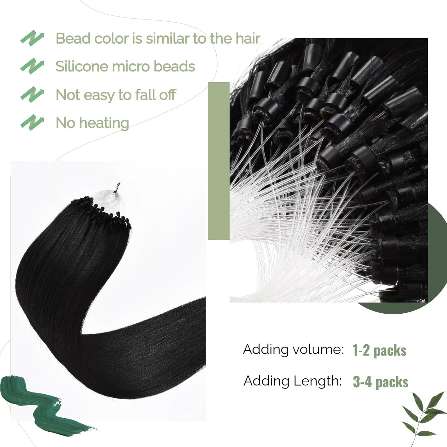Microlink Hair Extensions Human Hair Jet Black Micro Loop Human Hair Extensions 16 Inch #1 Microbead Hair Extension for Women 100s, 50g Bead Hair Extension