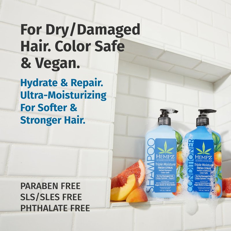 HEMPZ Hair Shampoo & Conditioner Set - Grapefruit & Peach Scent for Dry, Damaged and Color Treated Hair, Hydrating, Softening, Moisturizing with Biotin Duo Set 33.8 fl oz