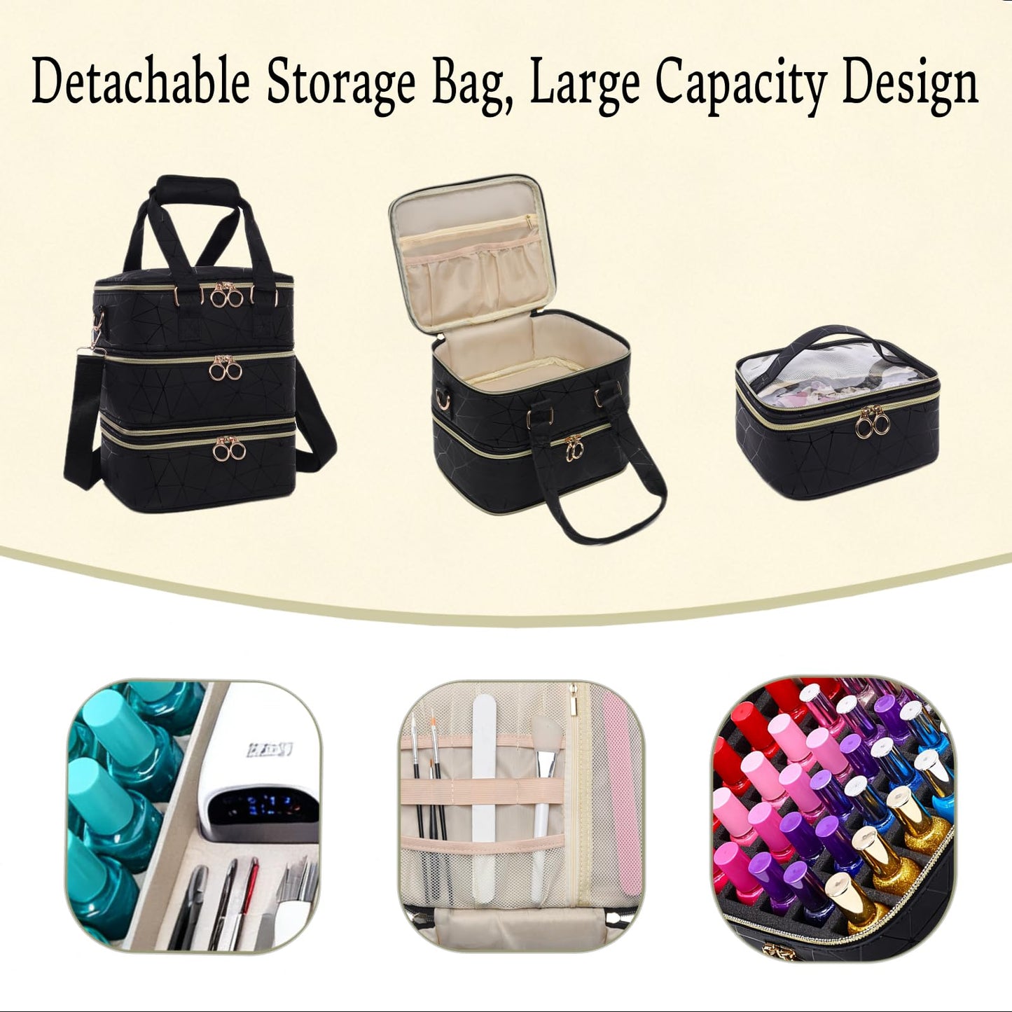 Wifeassistant 3 Layers Nail Polish Organizer Bag - Holds 60 Bottles,Portable Travel Case with Shoulder Strap,Nail Tech Kit Storage,Versatile Cosmetics Case,Detachable,Waterproof,Gifts for Women