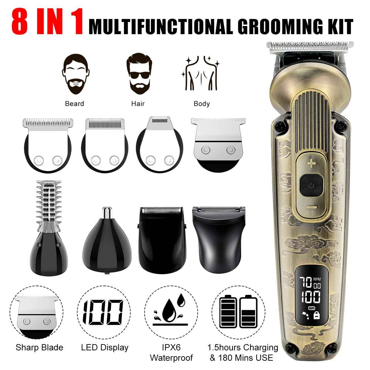 Hatteker Beard Trimmer Mustache Trimmer for Men 8 in 1 Adjustable Speed Waterproof Hair Clipper T-Blade Electic Razor Shavers Cordless Mens Gift Grooming Kit with Face Nose Body (Bronze)